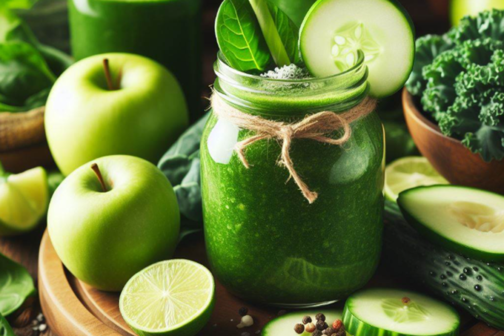 Smoothie verde revigorante. Te proporciona uma sensação maravilhosa logo após tomá-lo, você irá se sentir incrível!